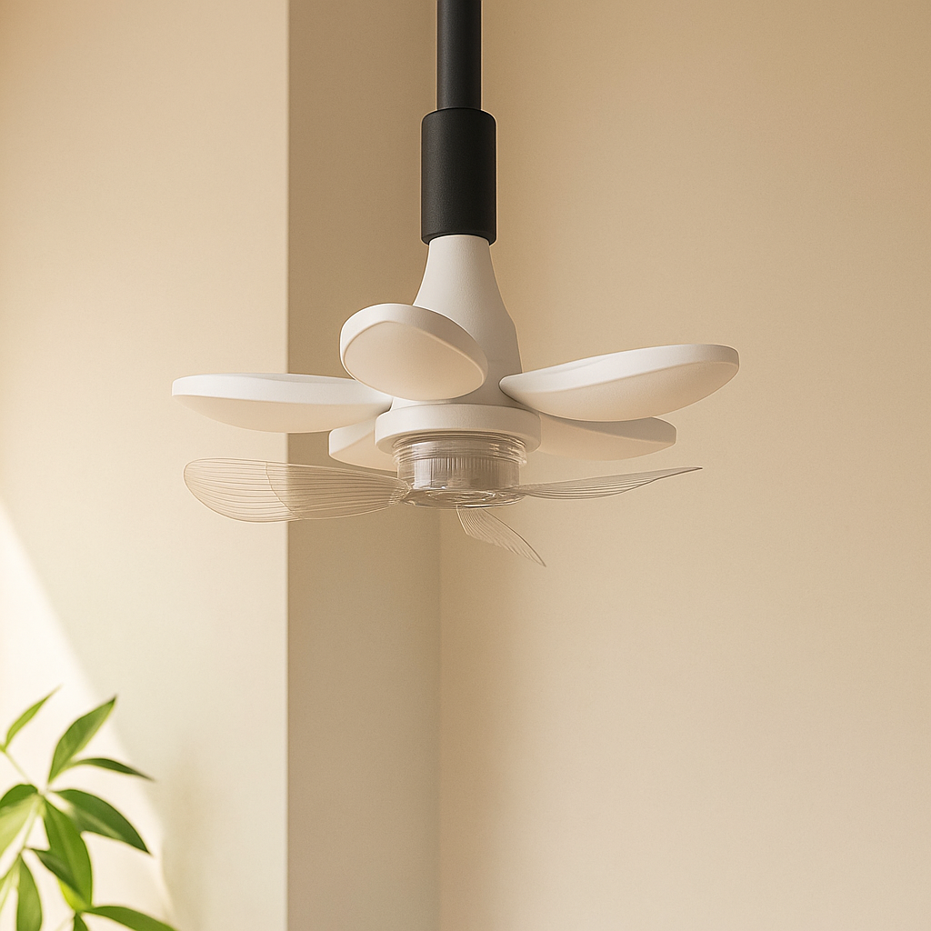 Modern white ceiling fan with transparent glass blades and dimmable LED light, ideal for contemporary living rooms or bedrooms.