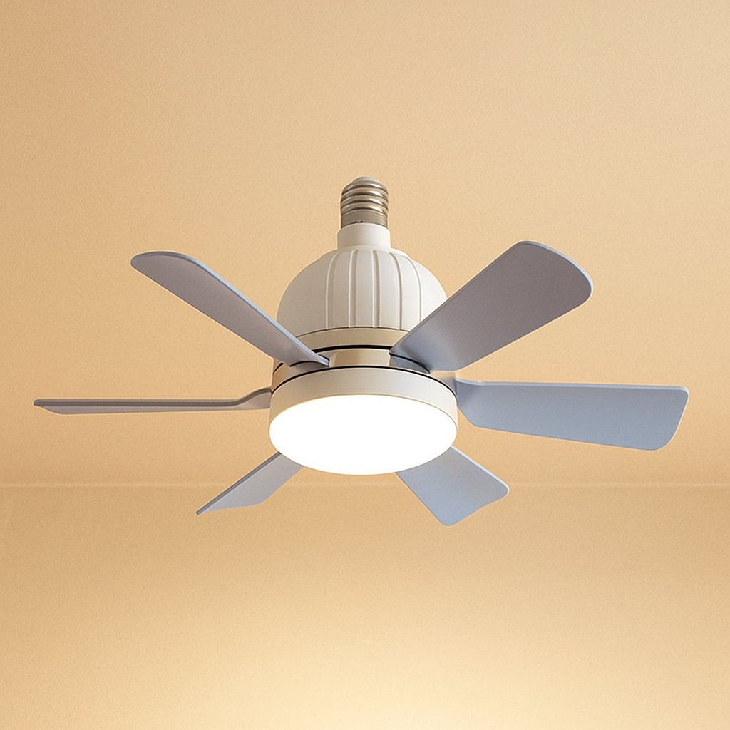 Modern six-blade LED ceiling fan with dimmable light and remote control, perfect for stylish living rooms or bedrooms.