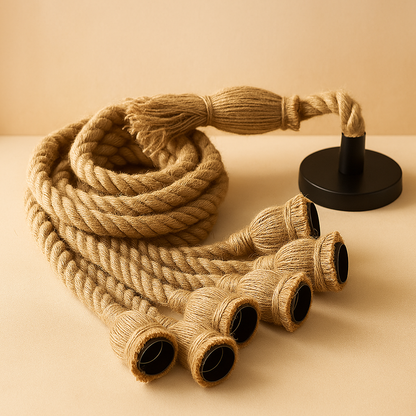 Handwoven hemp rope pendant light in natural tone, ideal for adding boho charm and warmth to dining rooms or cozy corners.