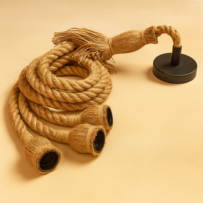 Handwoven hemp rope pendant light in natural tone, ideal for adding boho charm and warmth to dining rooms or cozy corners.