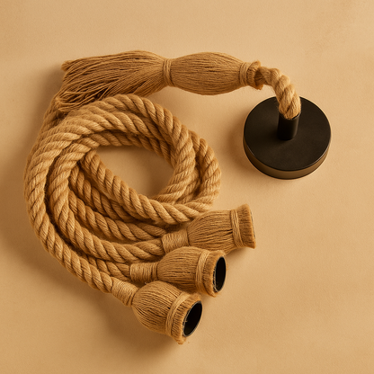 Handwoven hemp rope pendant light in natural tone, ideal for adding boho charm and warmth to dining rooms or cozy corners.