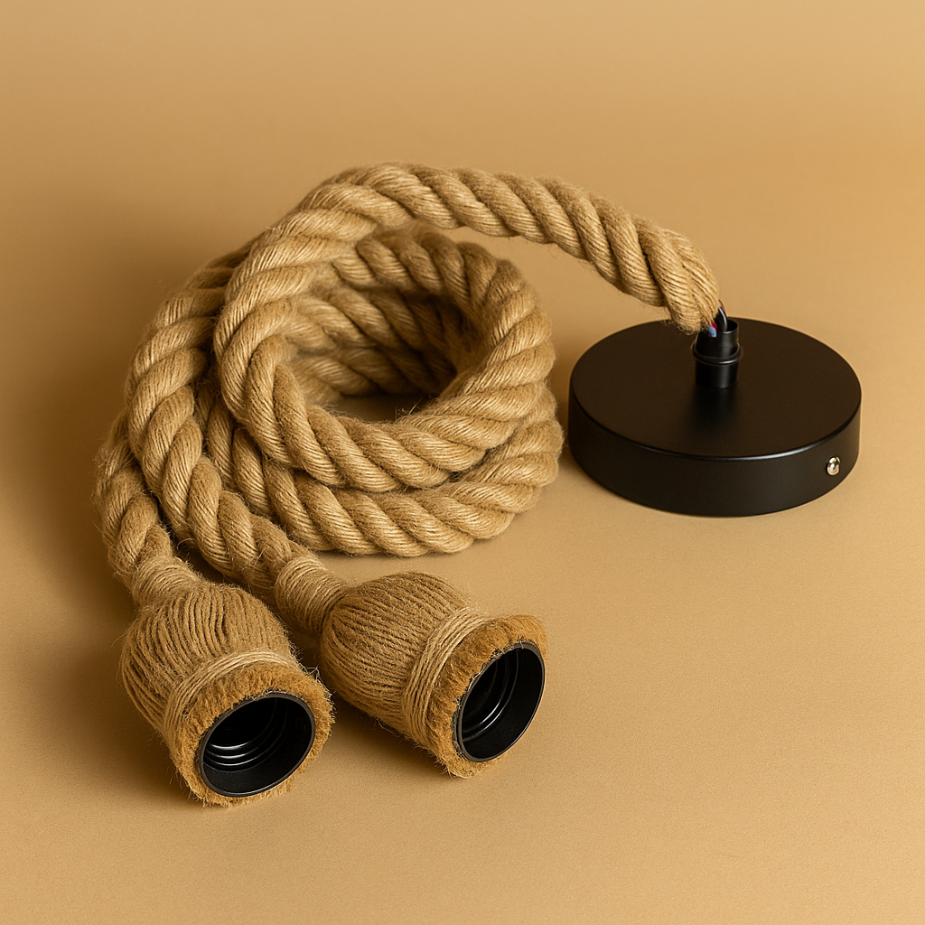 Handwoven hemp rope pendant light in natural tone, ideal for adding boho charm and warmth to dining rooms or cozy corners.