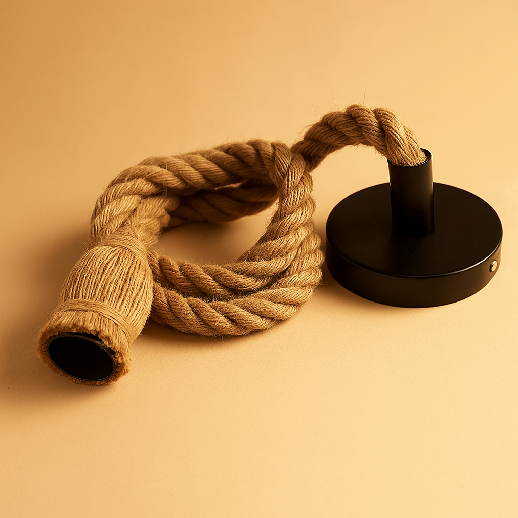 Handwoven hemp rope pendant light in natural tone, ideal for adding boho charm and warmth to dining rooms or cozy corners.