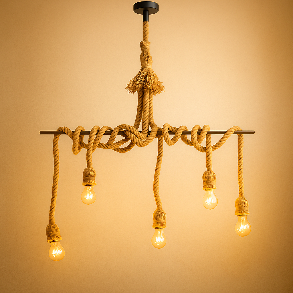 Handwoven hemp rope pendant light in natural tone, ideal for adding boho charm and warmth to dining rooms or cozy corners.