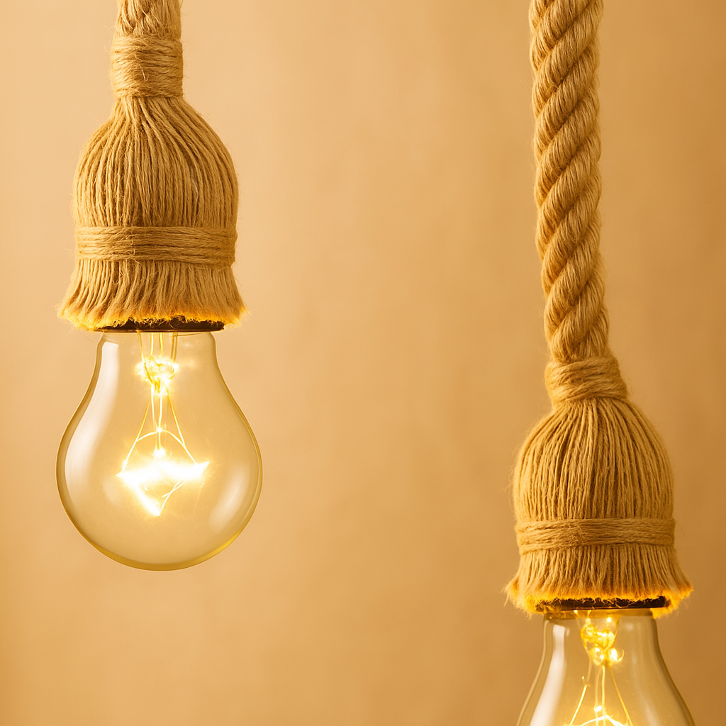 Handwoven hemp rope pendant light in natural tone, ideal for adding boho charm and warmth to dining rooms or cozy corners.