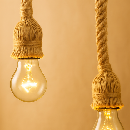 Handwoven hemp rope pendant light in natural tone, ideal for adding boho charm and warmth to dining rooms or cozy corners.