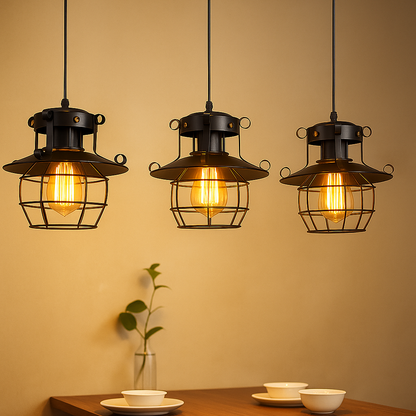 Industrial retro pendant light with aluminum shade in black or white, ideal for adding vintage charm to dining rooms or kitchens.