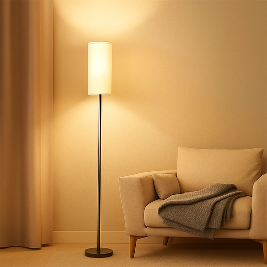 Minimalist LED floor lamp with soft fabric shade and adjustable color temperature, ideal for adding warmth to modern living rooms or bedrooms.