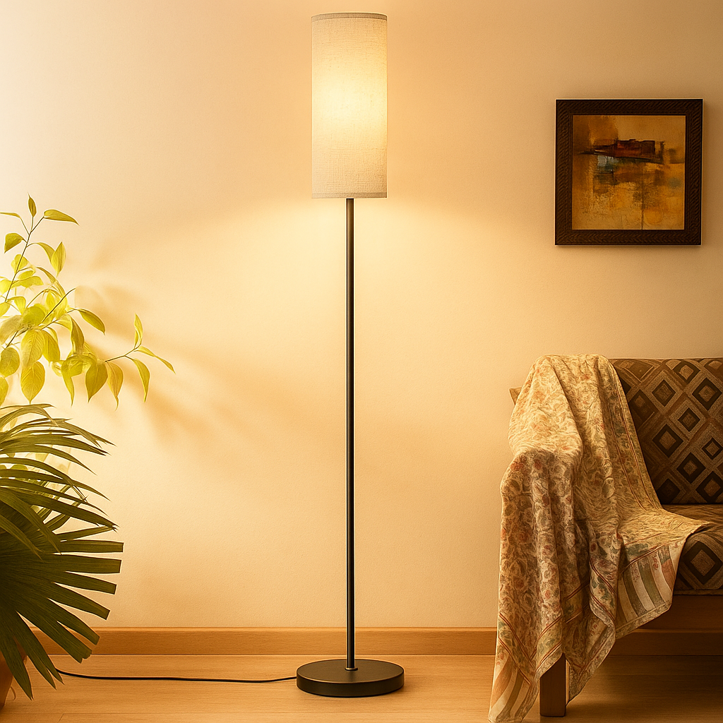 Minimalist LED floor lamp with soft fabric shade and adjustable color temperature, ideal for adding warmth to modern living rooms or bedrooms.