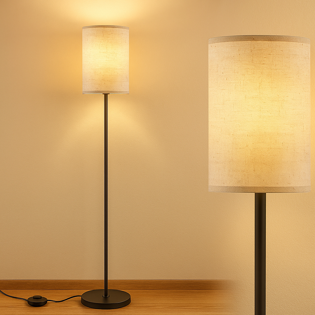 Minimalist LED floor lamp with soft fabric shade and adjustable color temperature, ideal for adding warmth to modern living rooms or bedrooms.