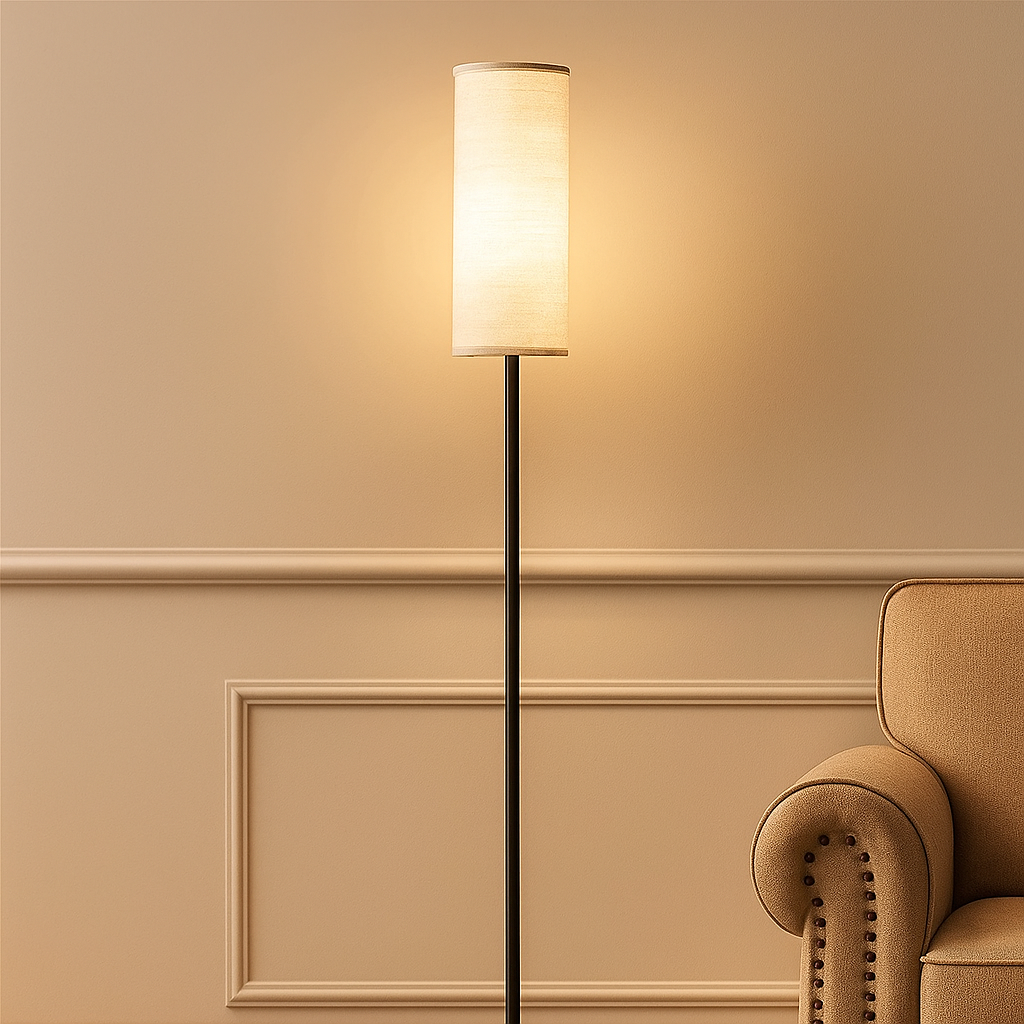 Minimalist LED floor lamp with soft fabric shade and adjustable color temperature, ideal for adding warmth to modern living rooms or bedrooms.