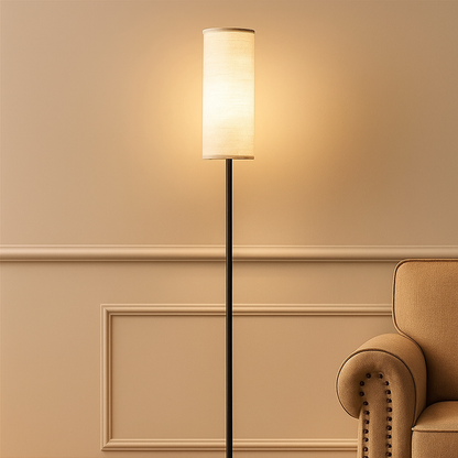 Minimalist LED floor lamp with soft fabric shade and adjustable color temperature, ideal for adding warmth to modern living rooms or bedrooms.