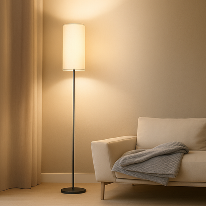 Minimalist LED floor lamp with soft fabric shade and adjustable color temperature, ideal for adding warmth to modern living rooms or bedrooms.