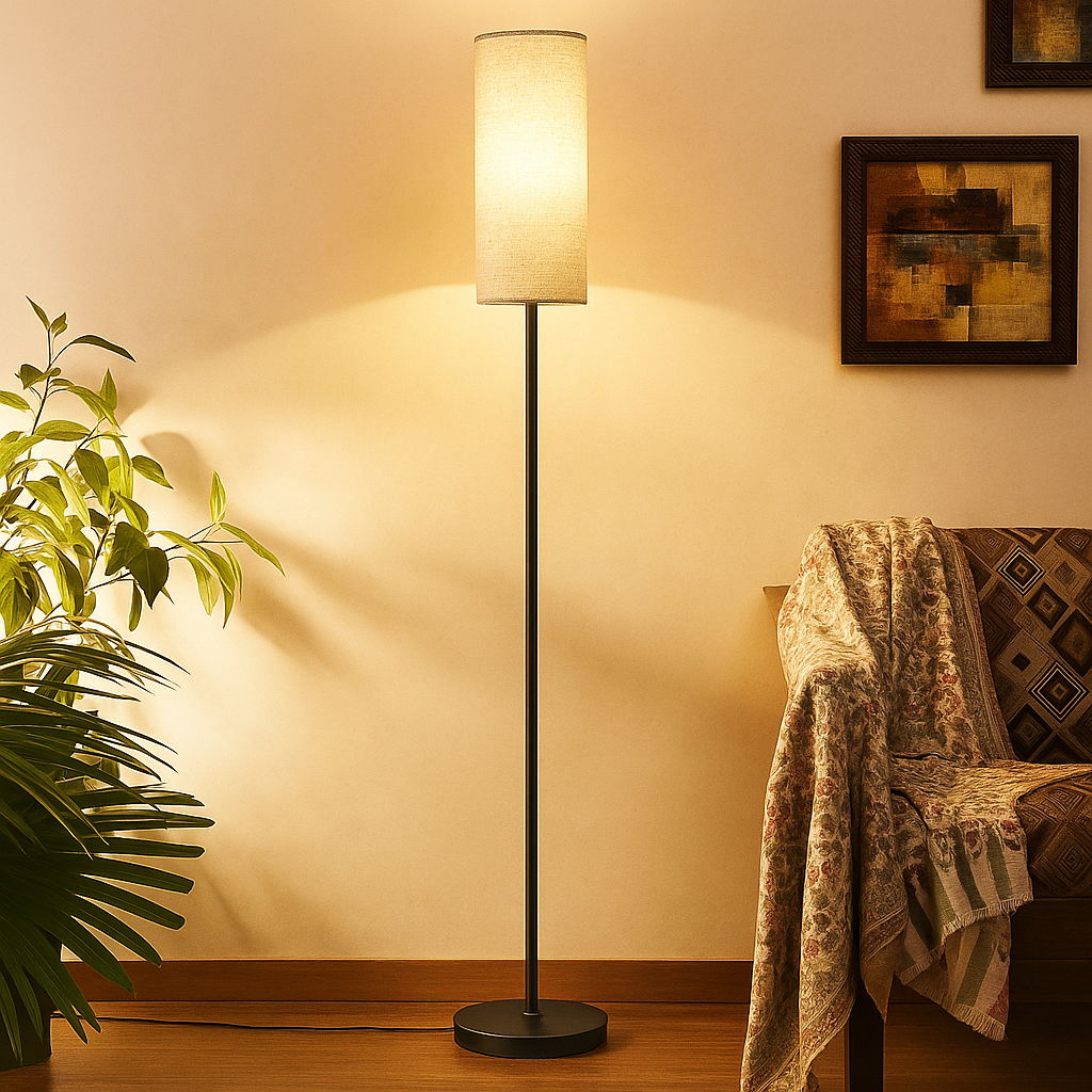 Minimalist LED floor lamp with soft fabric shade and adjustable color temperature, ideal for adding warmth to modern living rooms or bedrooms.