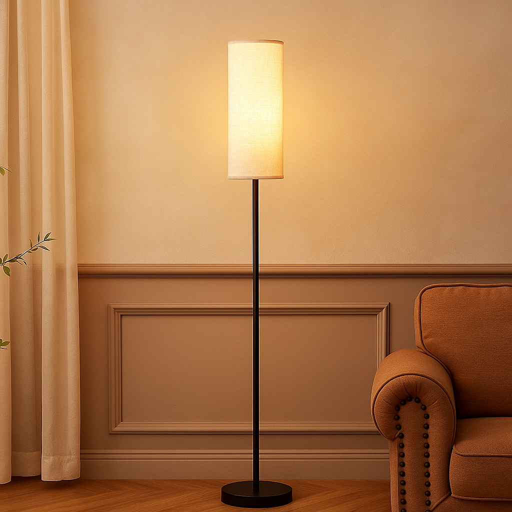 Minimalist LED floor lamp with soft fabric shade and adjustable color temperature, ideal for adding warmth to modern living rooms or bedrooms.