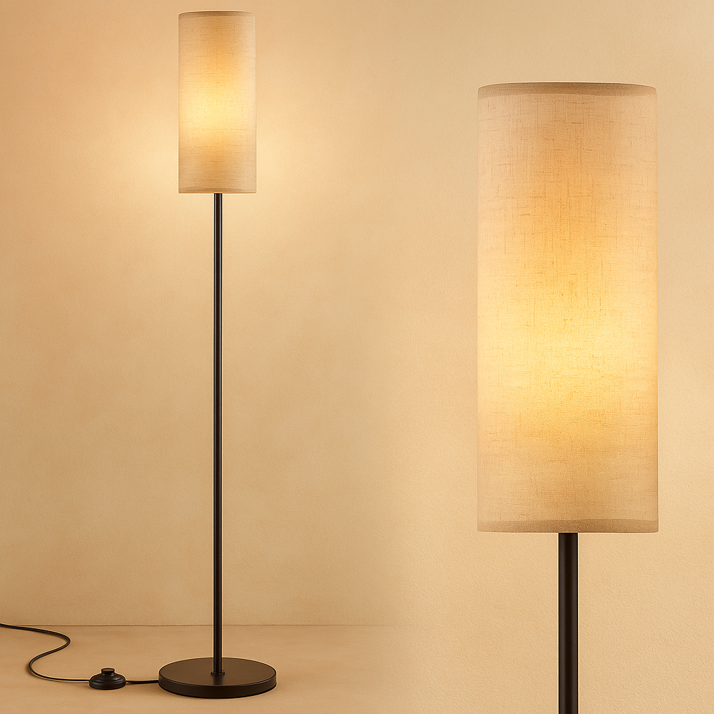 Minimalist LED floor lamp with soft fabric shade and adjustable color temperature, ideal for adding warmth to modern living rooms or bedrooms.