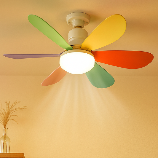 White modern ceiling fan with LED light, perfect for living rooms and contemporary interiors.