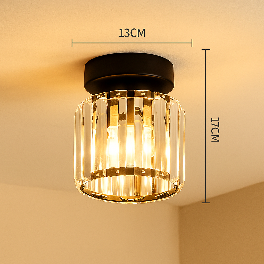 Modern crystal ceiling light with brass finish, ideal for creating a warm and elegant ambiance in bedrooms or hallways.