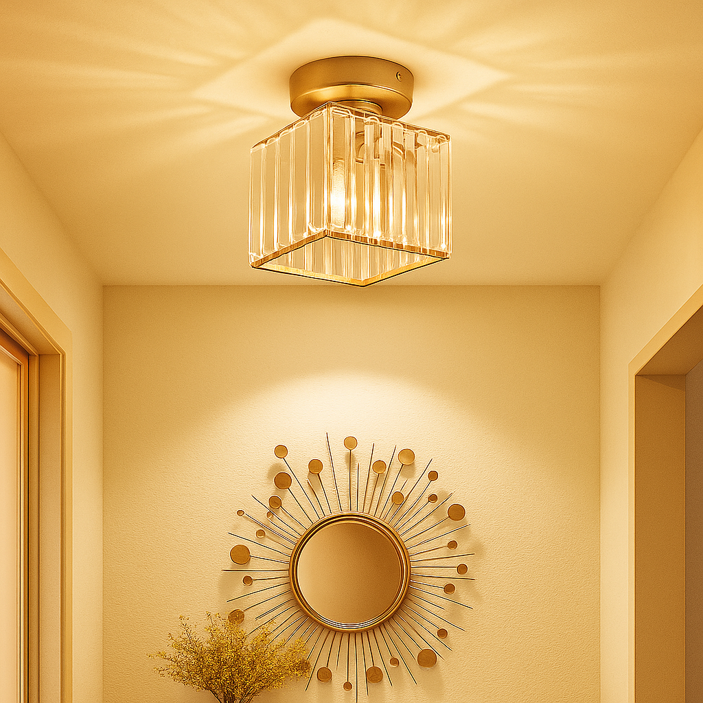 Modern crystal ceiling light with brass finish, ideal for creating a warm and elegant ambiance in bedrooms or hallways.