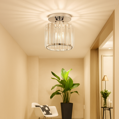 Modern crystal ceiling light with brass finish, ideal for creating a warm and elegant ambiance in bedrooms or hallways.