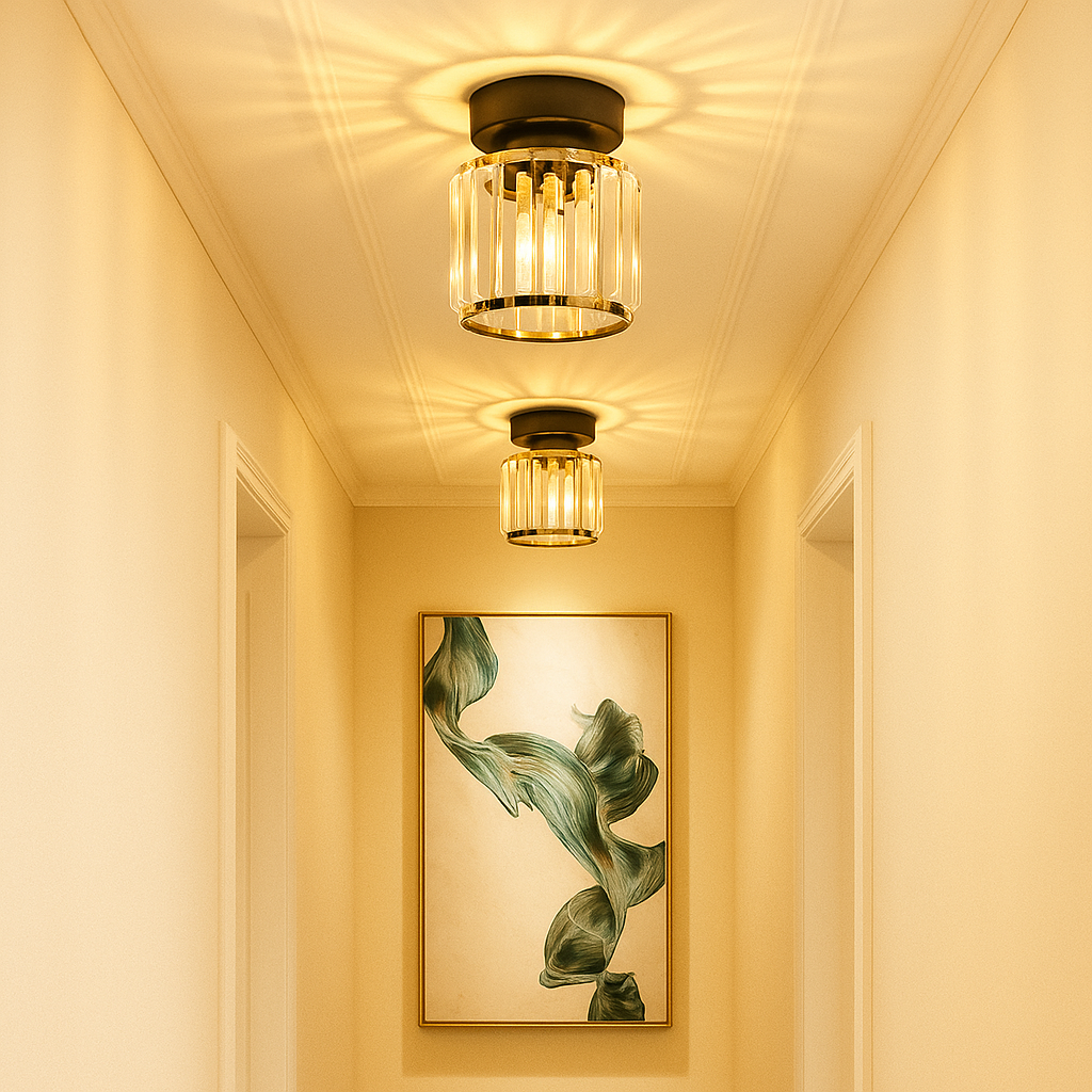 Modern crystal ceiling light with brass finish, ideal for creating a warm and elegant ambiance in bedrooms or hallways.