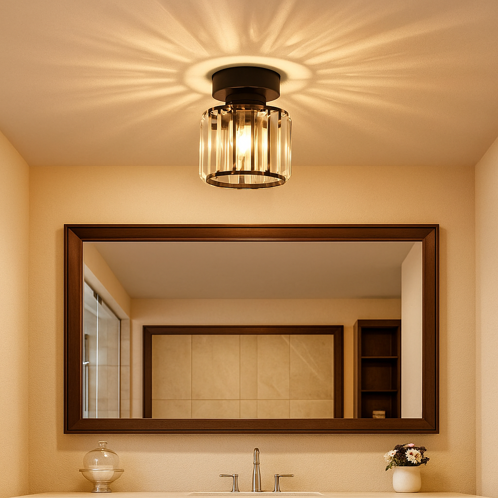 Modern crystal ceiling light with brass finish, ideal for creating a warm and elegant ambiance in bedrooms or hallways.