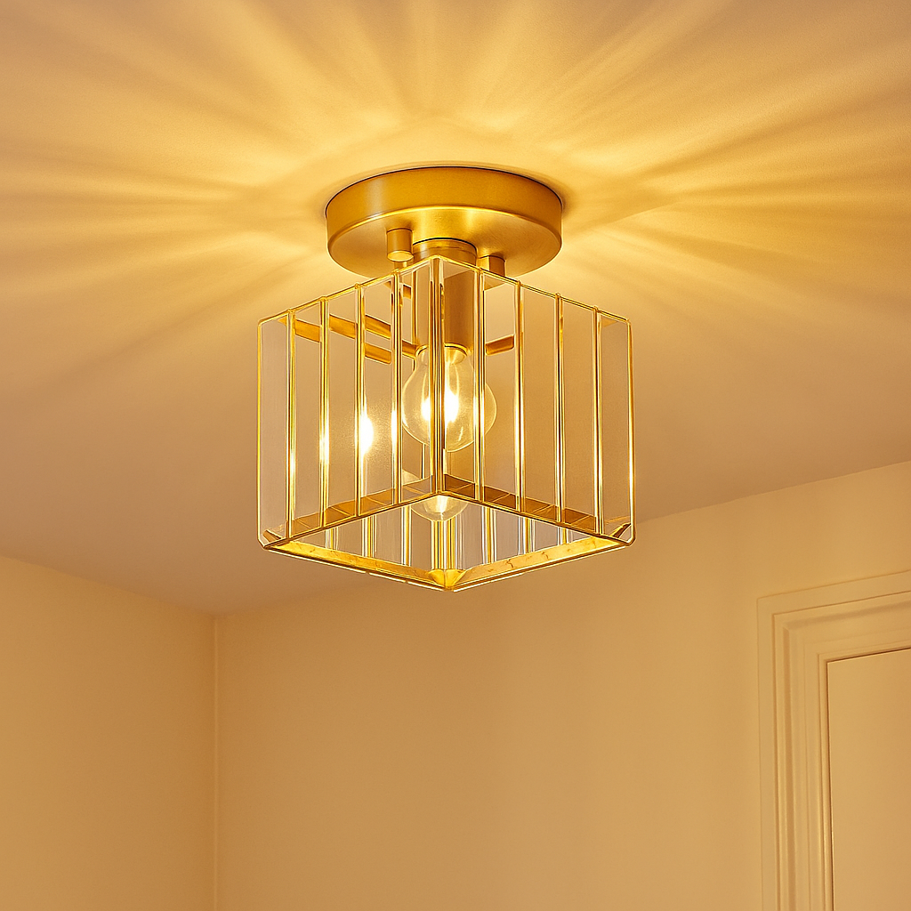 Modern crystal ceiling light with brass finish, ideal for creating a warm and elegant ambiance in bedrooms or hallways.