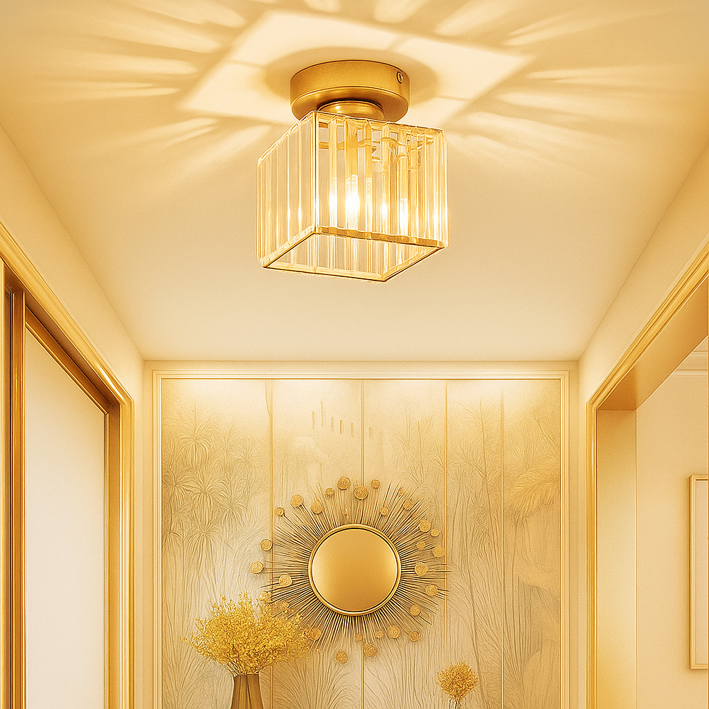 Modern crystal ceiling light with brass finish, ideal for creating a warm and elegant ambiance in bedrooms or hallways.