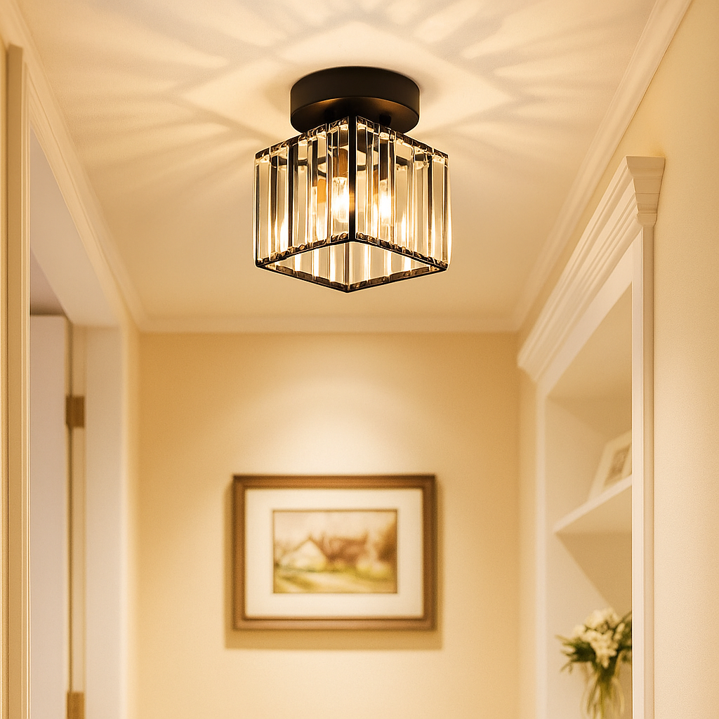 Modern crystal ceiling light with brass finish, ideal for creating a warm and elegant ambiance in bedrooms or hallways.