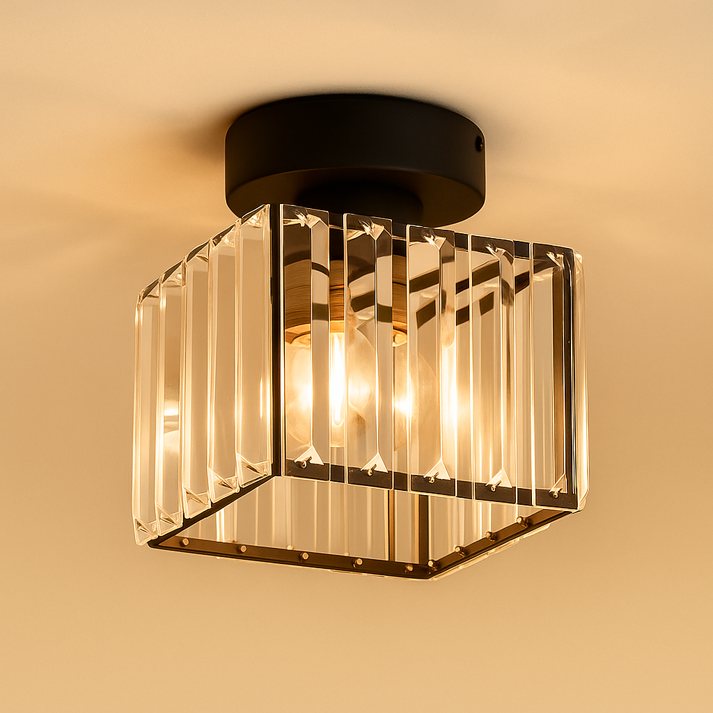 Modern crystal ceiling light with brass finish, ideal for creating a warm and elegant ambiance in bedrooms or hallways.