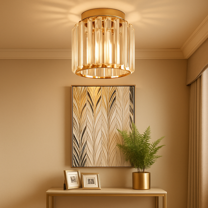 Modern crystal ceiling light with brass finish, ideal for creating a warm and elegant ambiance in bedrooms or hallways.