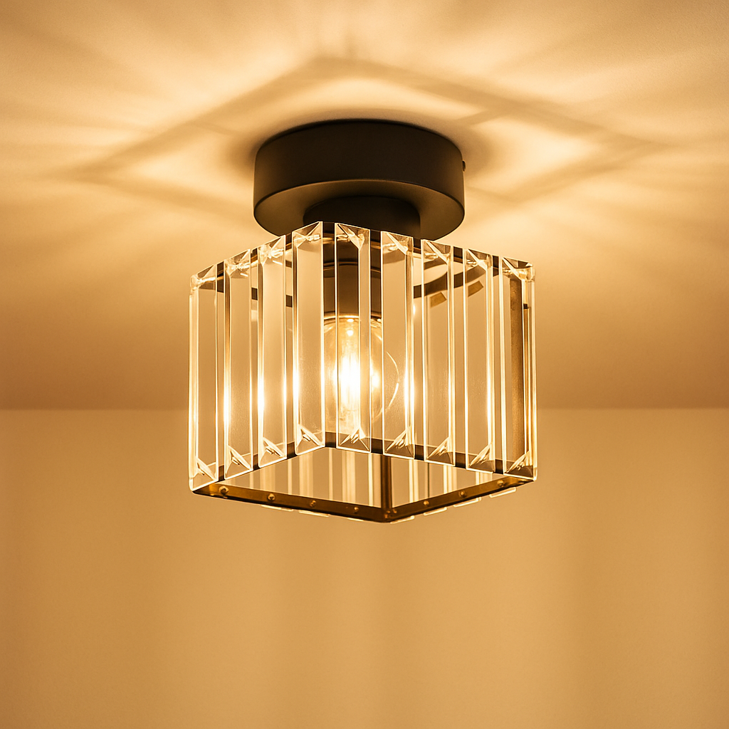 Modern crystal ceiling light with brass finish, ideal for creating a warm and elegant ambiance in bedrooms or hallways.