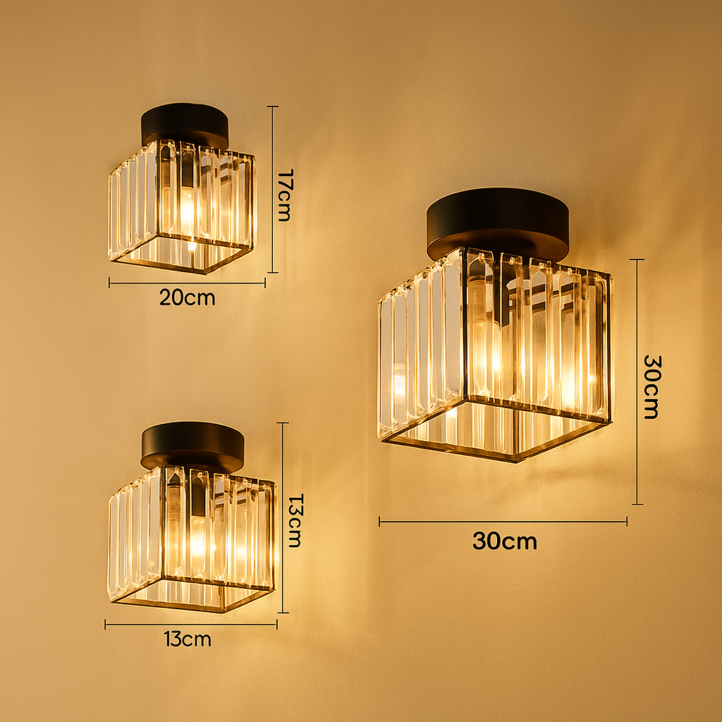 Modern crystal ceiling light with brass finish, ideal for creating a warm and elegant ambiance in bedrooms or hallways.