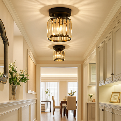 Modern crystal ceiling light with brass finish, ideal for creating a warm and elegant ambiance in bedrooms or hallways.