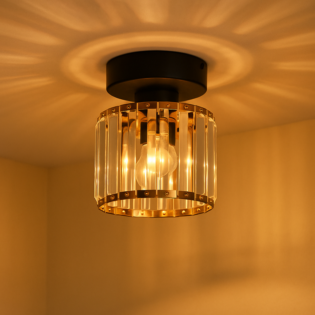 Modern crystal ceiling light with brass finish, ideal for creating a warm and elegant ambiance in bedrooms or hallways.