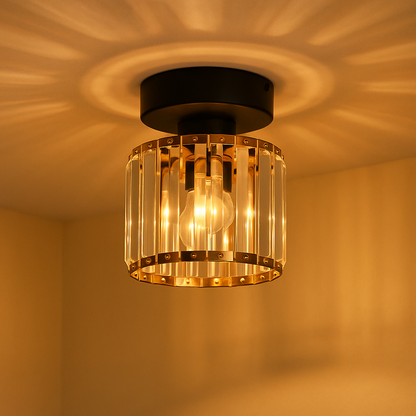 Modern crystal ceiling light with brass finish, ideal for creating a warm and elegant ambiance in bedrooms or hallways.