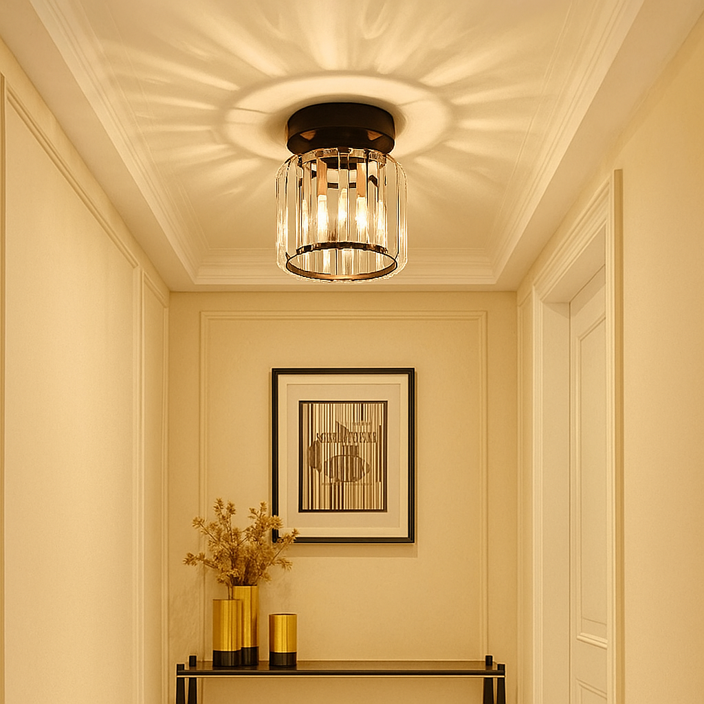 Modern crystal ceiling light with brass finish, ideal for creating a warm and elegant ambiance in bedrooms or hallways.