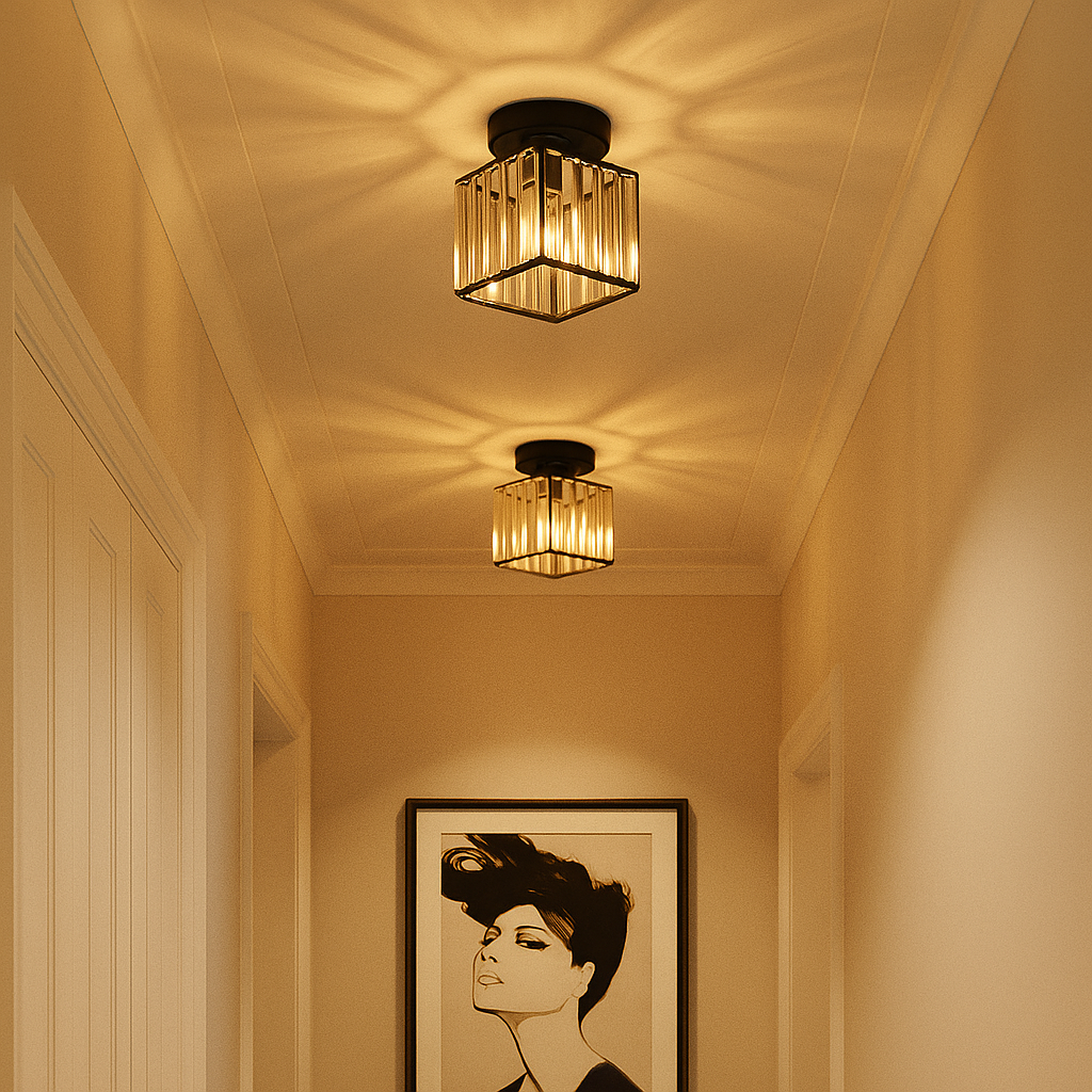 Modern crystal ceiling light with brass finish, ideal for creating a warm and elegant ambiance in bedrooms or hallways.