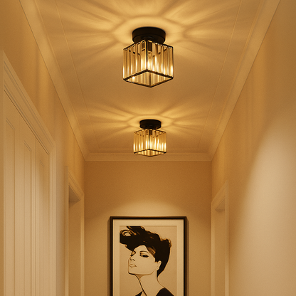 Modern crystal ceiling light with brass finish, ideal for creating a warm and elegant ambiance in bedrooms or hallways.