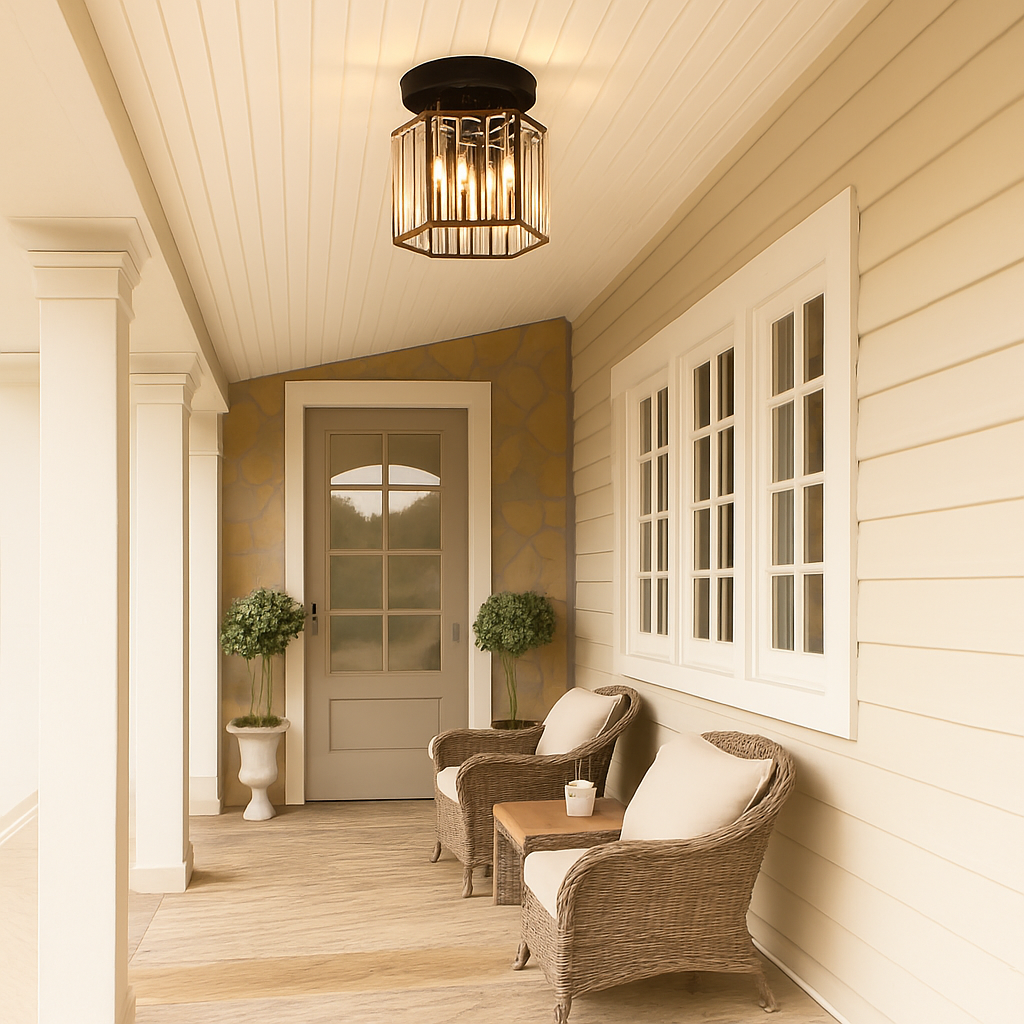 Modern crystal ceiling light with brass finish, ideal for creating a warm and elegant ambiance in bedrooms or hallways.