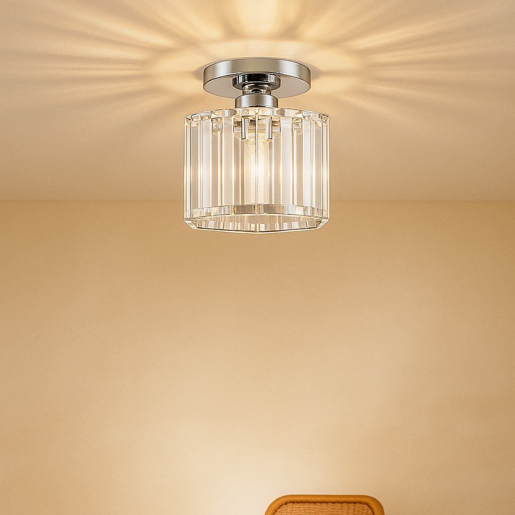 Modern crystal ceiling light with brass finish, ideal for creating a warm and elegant ambiance in bedrooms or hallways.