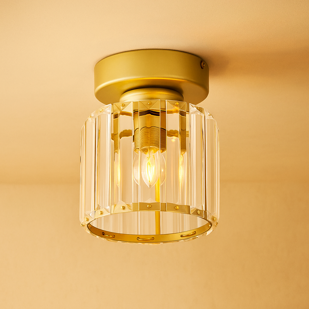 Modern crystal ceiling light with brass finish, ideal for creating a warm and elegant ambiance in bedrooms or hallways.