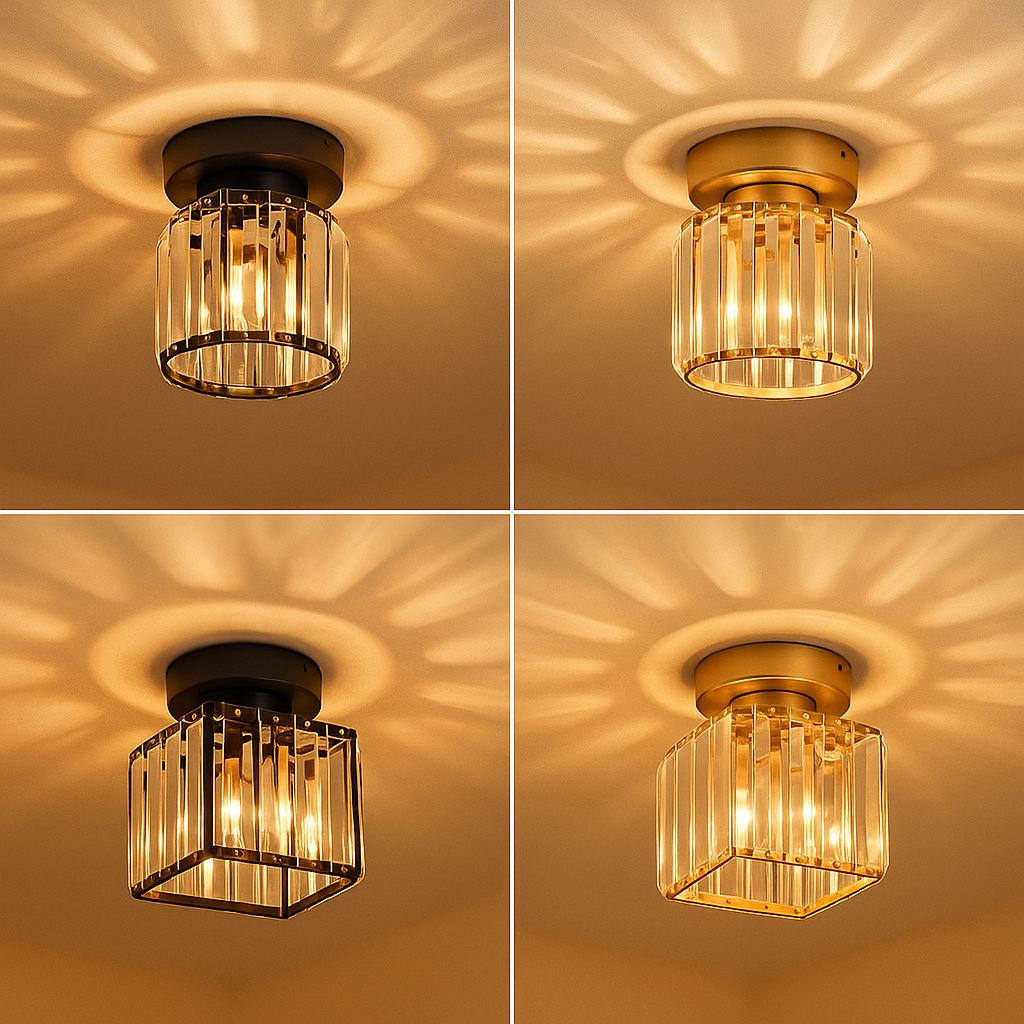 Modern crystal ceiling light with brass finish, ideal for creating a warm and elegant ambiance in bedrooms or hallways.