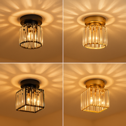 Modern crystal ceiling light with brass finish, ideal for creating a warm and elegant ambiance in bedrooms or hallways.