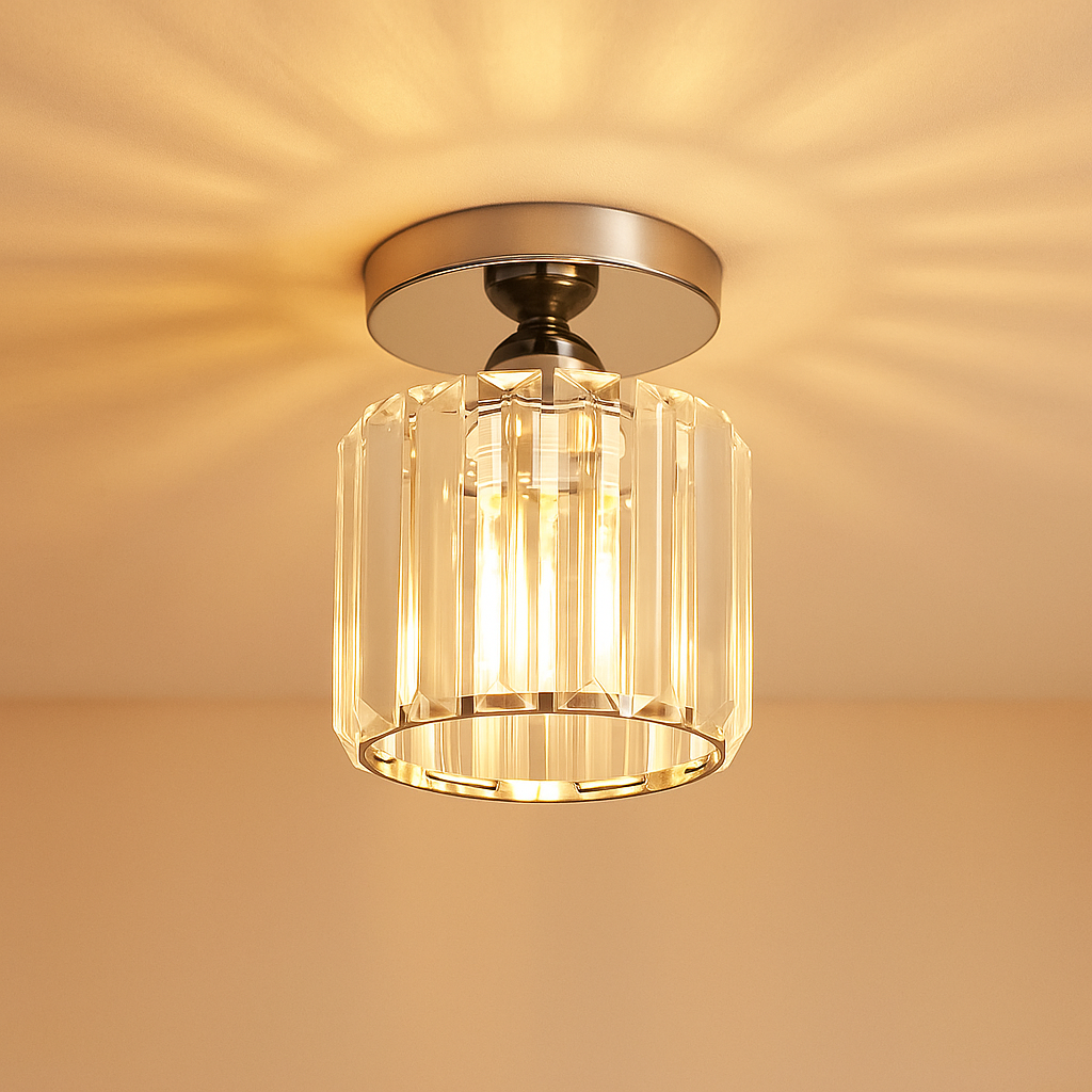 Modern crystal ceiling light with brass finish, ideal for creating a warm and elegant ambiance in bedrooms or hallways.