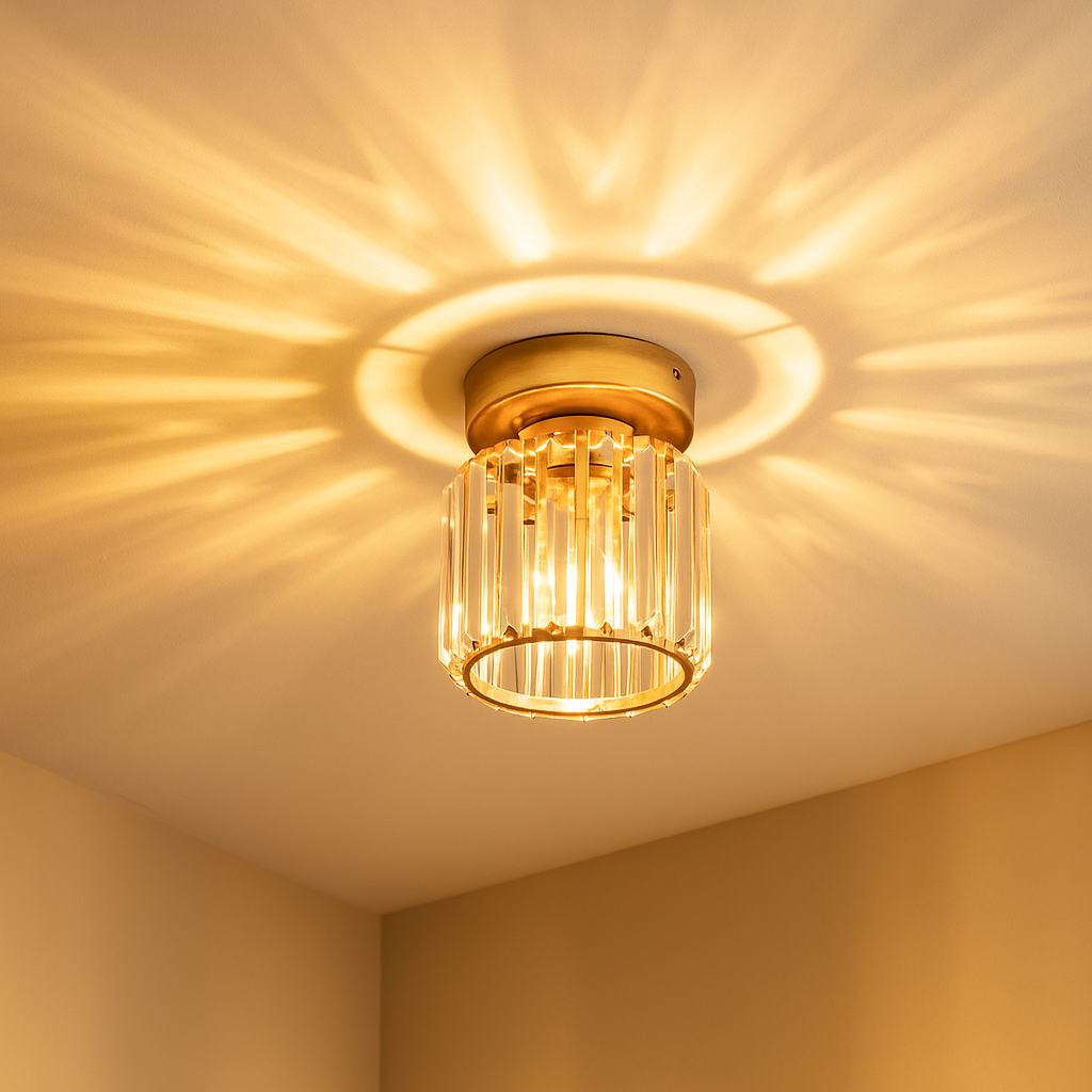 Modern crystal ceiling light with brass finish, ideal for creating a warm and elegant ambiance in bedrooms or hallways.