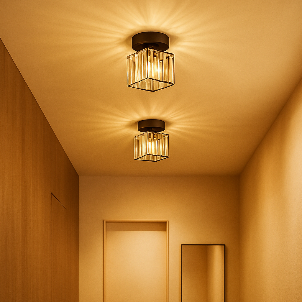 Modern crystal ceiling light with brass finish, ideal for creating a warm and elegant ambiance in bedrooms or hallways.