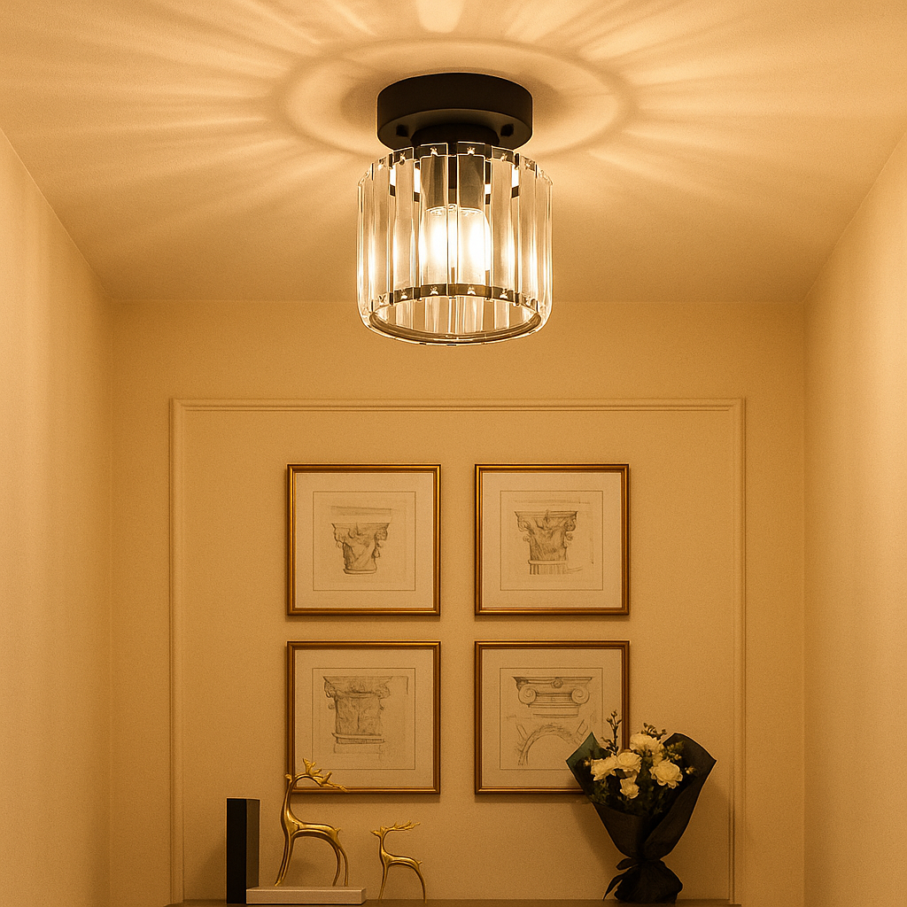 Modern crystal ceiling light with brass finish, ideal for creating a warm and elegant ambiance in bedrooms or hallways.