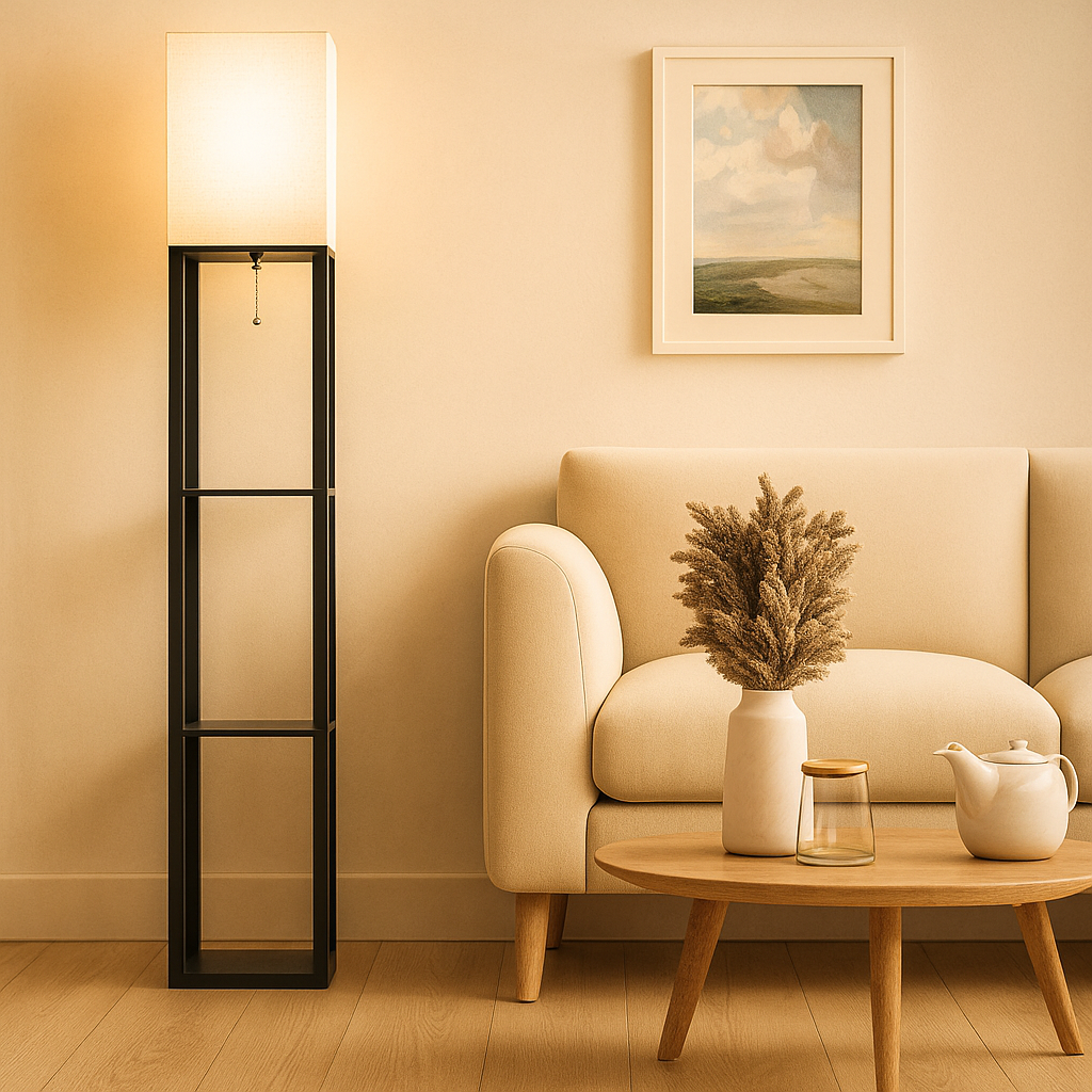 Modern floor lamp with three shelves and warm fabric shade, perfect for combining lighting and storage in living rooms or bedrooms.