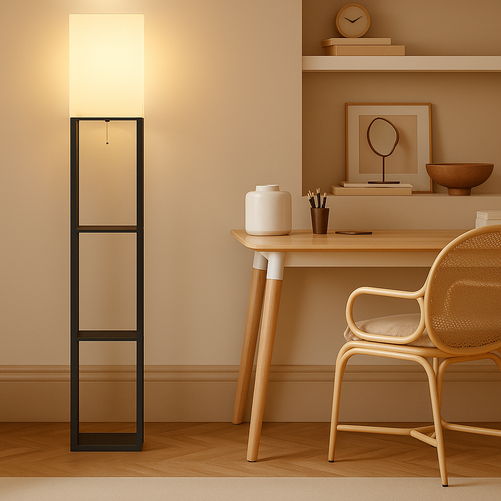 Modern floor lamp with three shelves and warm fabric shade, perfect for combining lighting and storage in living rooms or bedrooms.